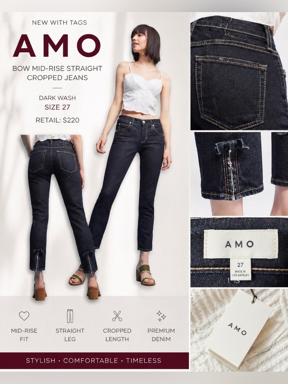 ⤵️🆕 AMO Mid Rise Cropped Jeans Dark Wash Straight Leg Raw Hem Trendy Denim